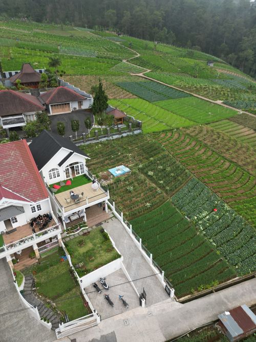 Free Scenic aerial view of a rural farming community with lush green fields and houses. Stock Photo