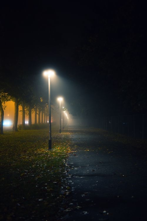 Free A nighttime street scene with glowing lampposts and foggy atmosphere, evoking calmness. Stock Photo