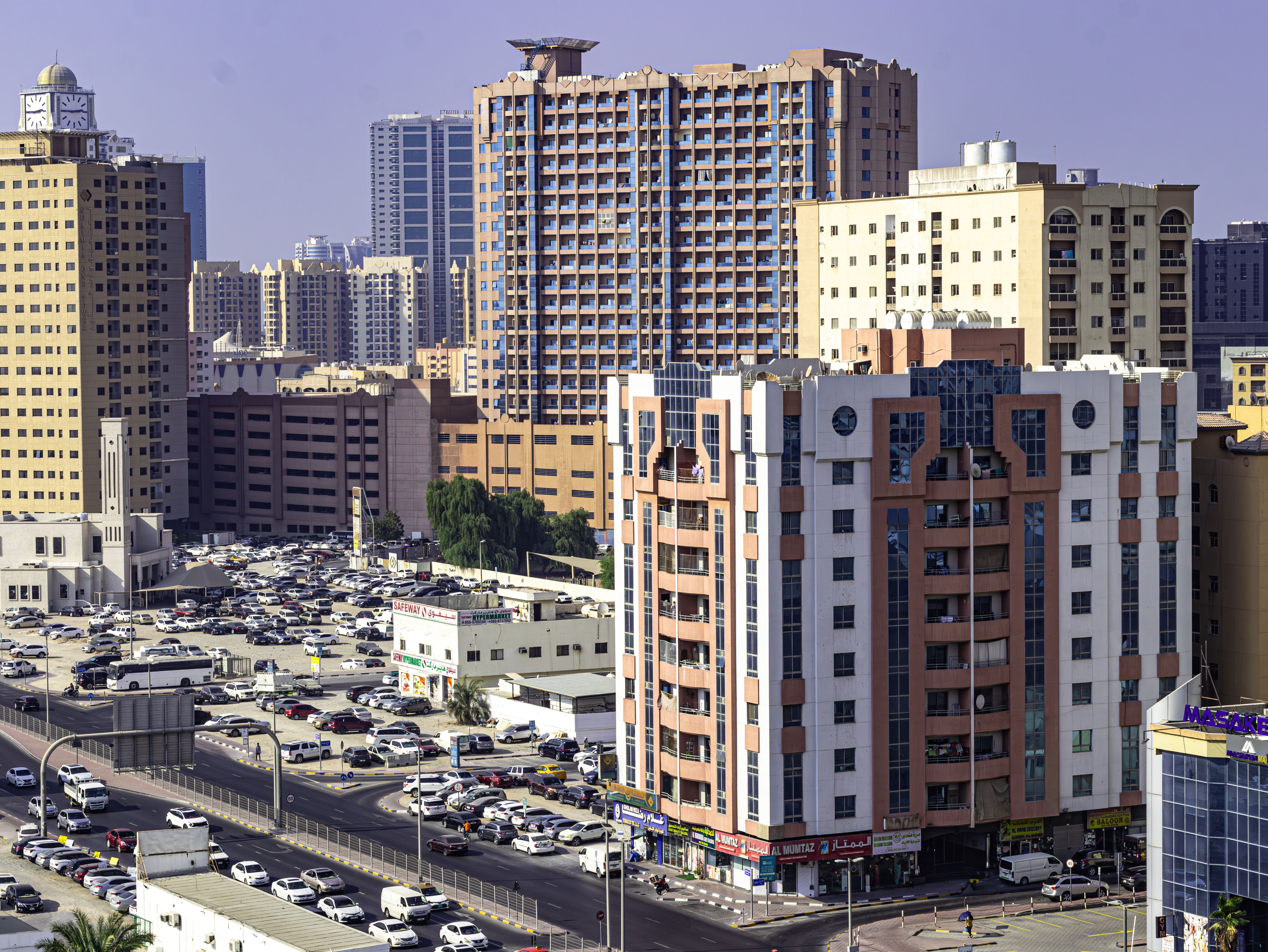 Urban skyline and commercial buildings in Ajman, UAE