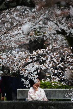 Asian woman in kimono smiling under blooming cherry blossoms in spring.