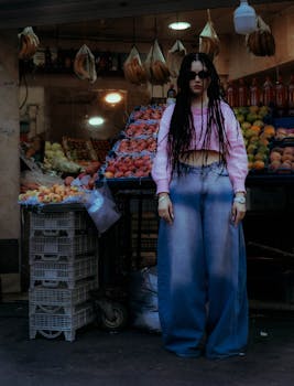 Young woman in stylish clothing poses at vibrant fruit market stand.