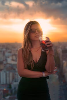 Stylish woman in sunglasses savoring a drink with a breathtaking city sunset backdrop.