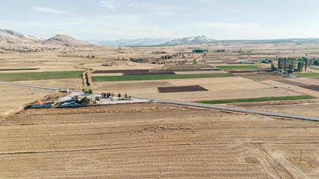 Drone shot of vast open fields and mountains under a clear sky.
