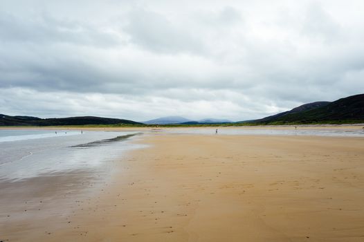A peaceful sandy beach with expansive open landscape under cloudy sky.
