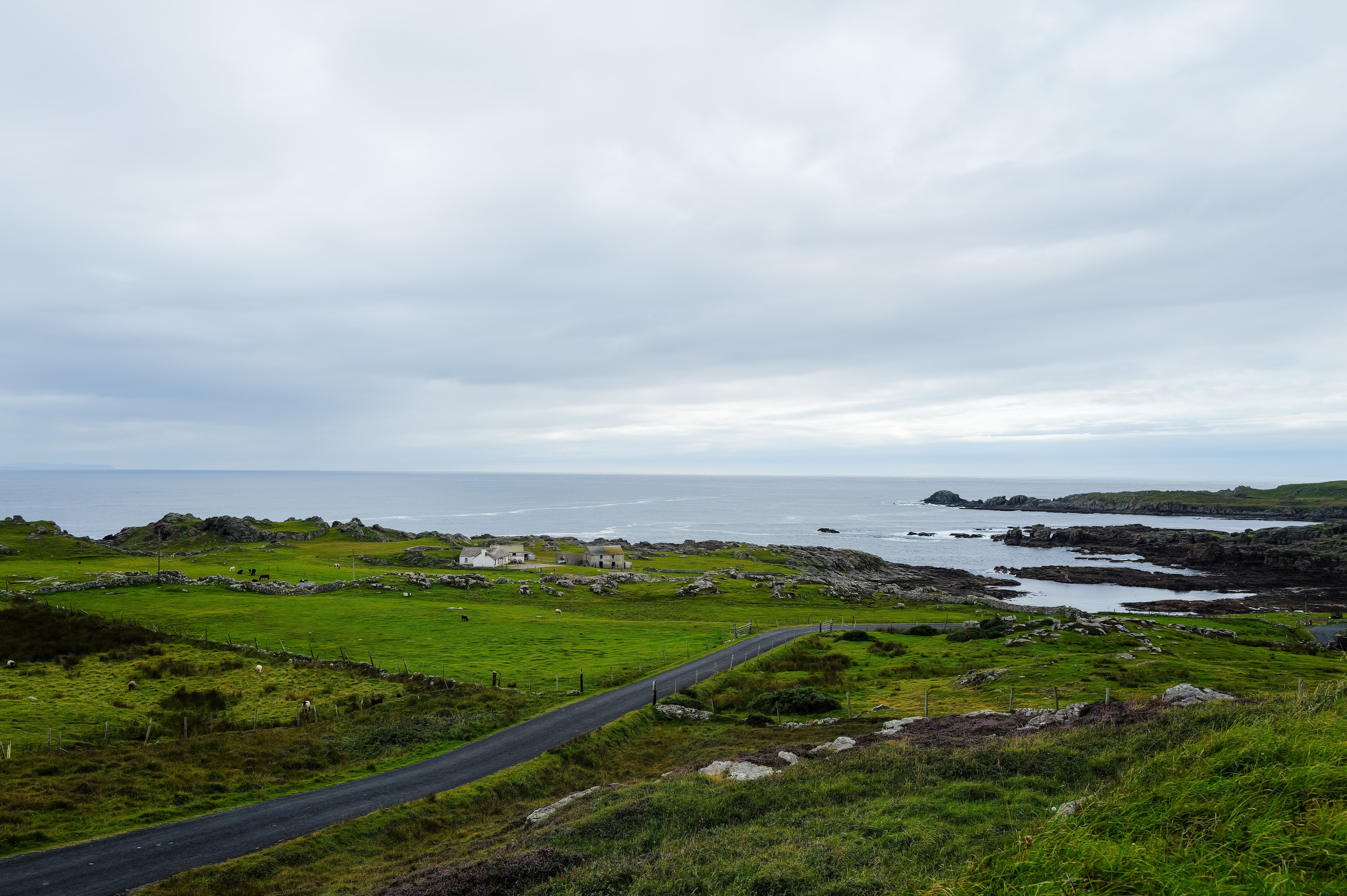 A serene coastal landscape featuring green hills and rocky coastline under a cloudy sky.