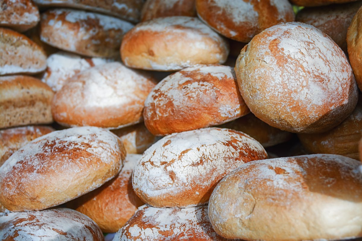 Pagnotte artigianali appena sfornate disposte su scaffale del banco vendita