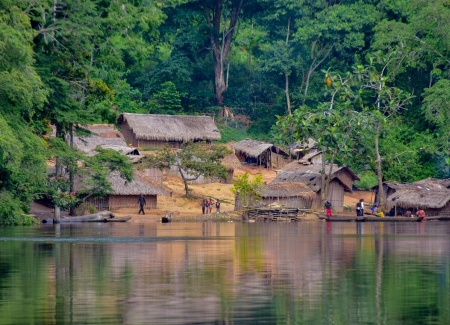 Scenic view of a rural village along a river in the lush Congo rainforest.