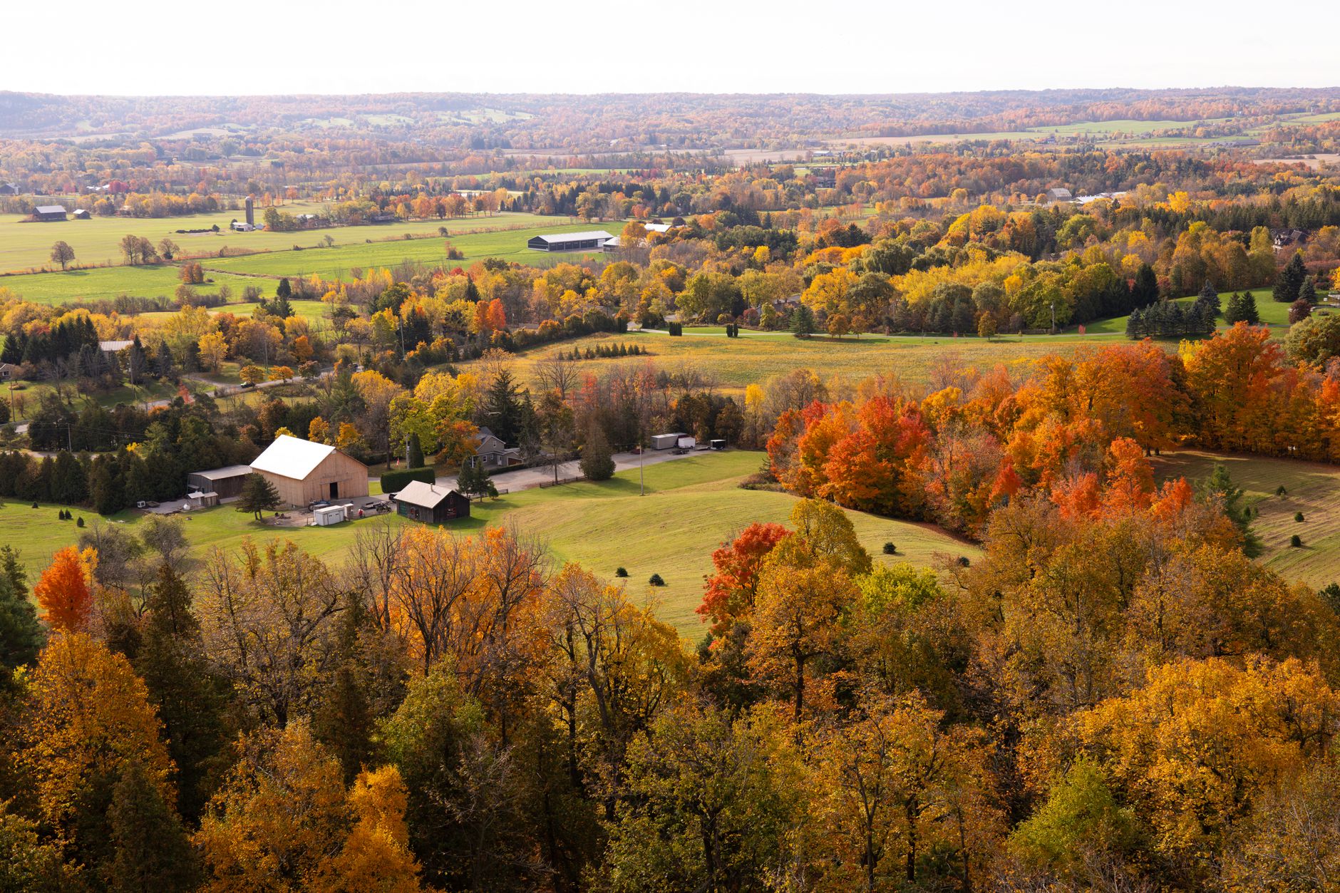 Scenic autumn aerial view of countryside near Burlington, Ontario with vibrant fall foliage.
