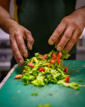 Close-up of hands chopping vegetables on a green cutting board in kitchen.
