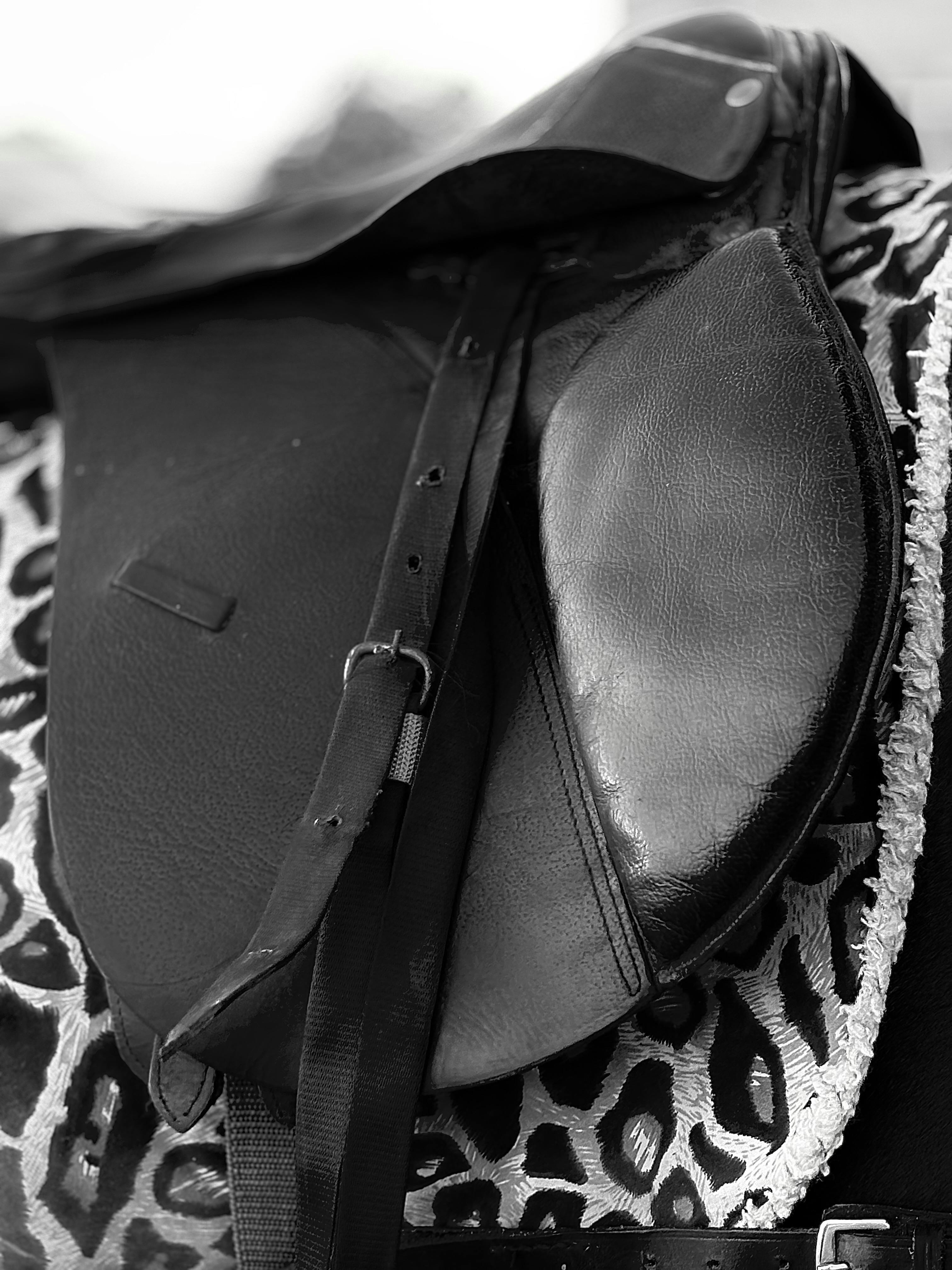 Detailed close-up of a black leather horse saddle in black and white, showcasing texture.