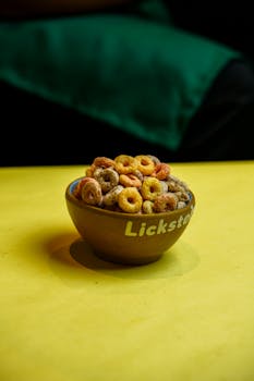 A vibrant bowl of colorful fruit loops cereal on a yellow surface, perfect for breakfast visuals.