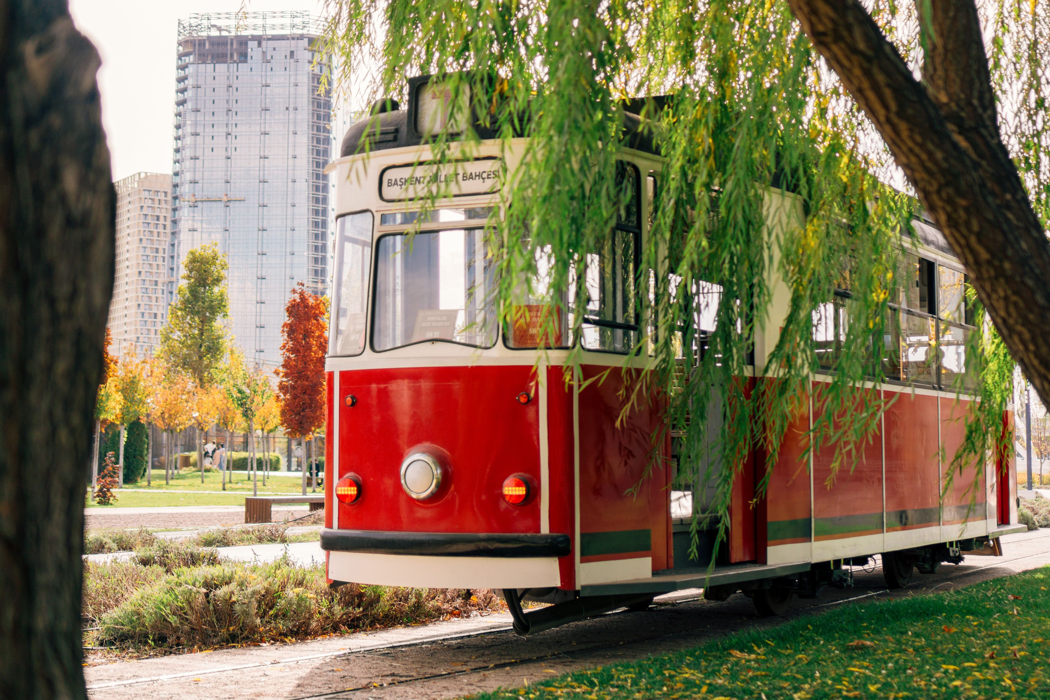 Historic Red Tram Amid Autumn Trees in Cityscape · Free Stock Photo