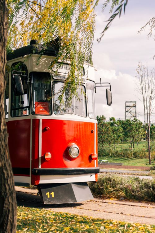 Free A classic red tram captured in a lush green park, with an overcast sky and autumn leaves. Stock Photo