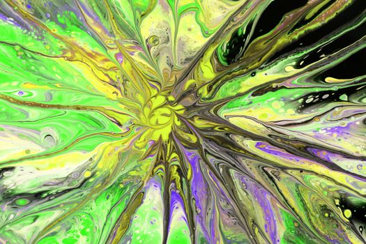 Dynamic abstract art featuring vivid green and yellow paint swirl patterns.