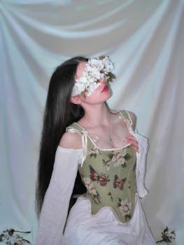 A creative portrait featuring a woman in a floral corset with flowers covering her eyes.