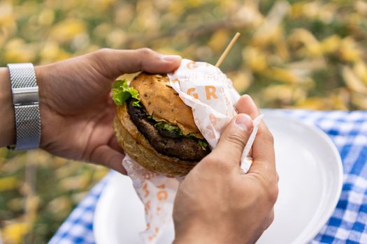 Close-up of a delicious burger held by a person during an outdoor picnic. Fresh and appetizing scene.