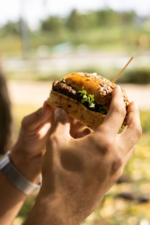 Free A close-up of two hands holding a burger outdoors in a sunny setting, showcasing fresh ingredients. Stock Photo