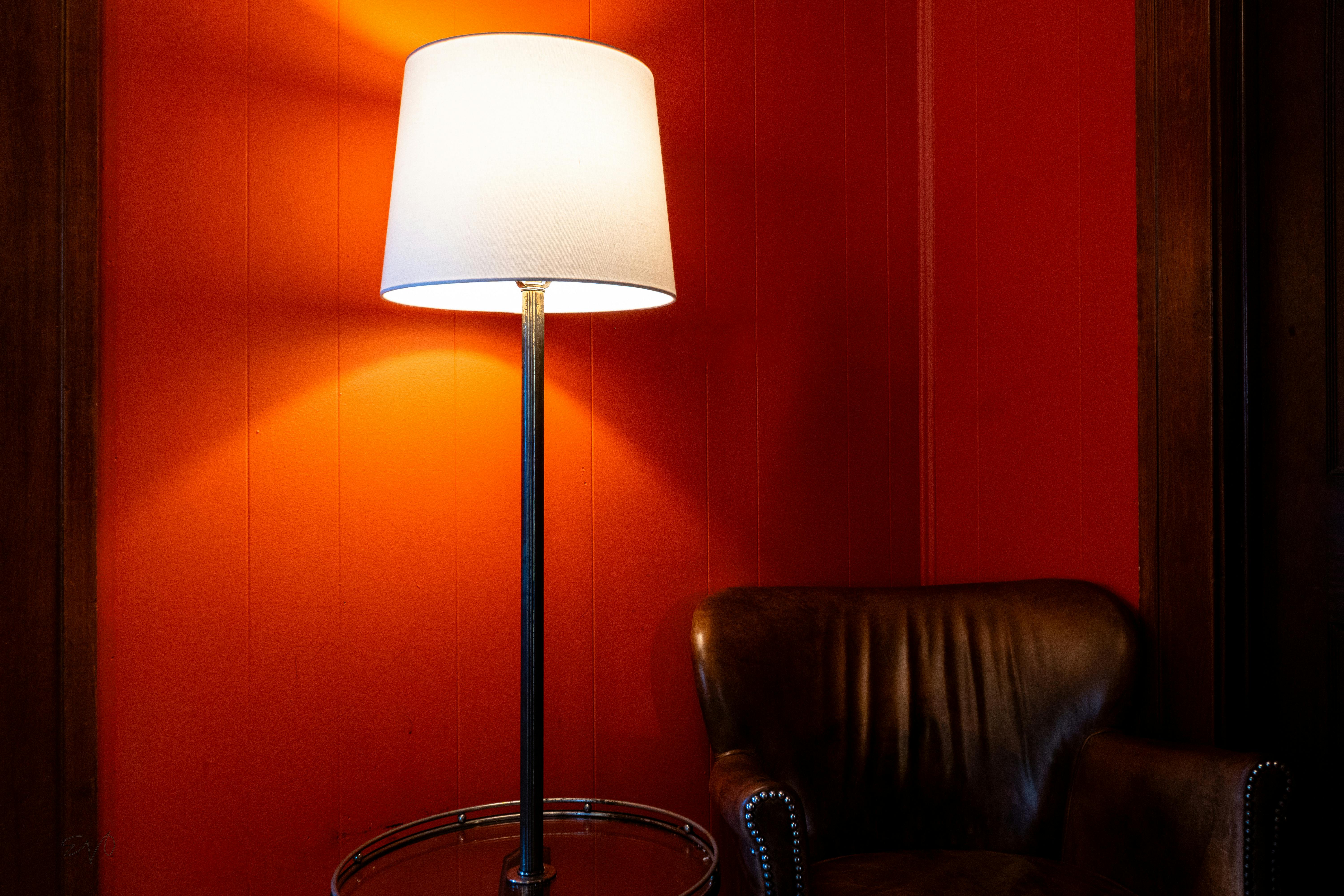 Kąt do czytania z lampą stojącą obok tapczanu w jasnym wnętrzu