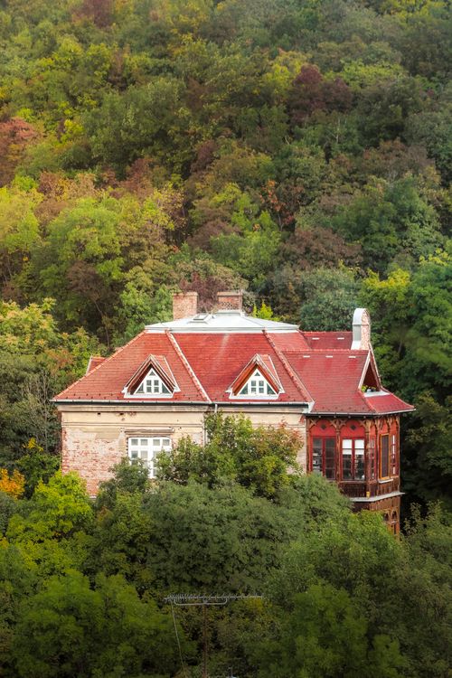 Free Red-roofed house nestled among vibrant autumn trees in Hungary's picturesque landscape. Stock Photo