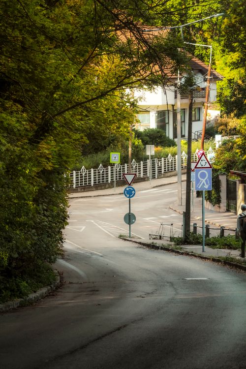Free A serene street corner in Hungary with lush greenery, road signs, and a peaceful atmosphere. Stock Photo