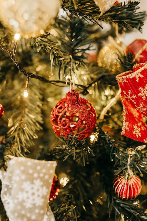 Free Red Baubles on Christmas Tree Stock Photo