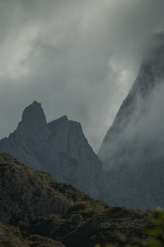 Dramatic misty mountain landscape in Asturias, Spain.