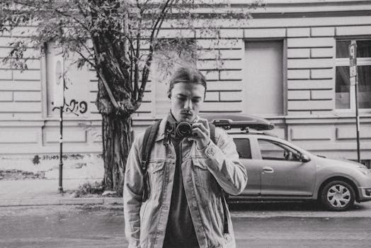 Monochrome street portrait of a young man with a camera in Łódź, Poland.