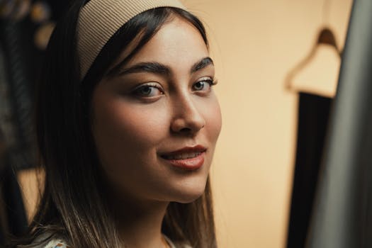 Close-up portrait of a smiling young woman indoors, soft lighting.