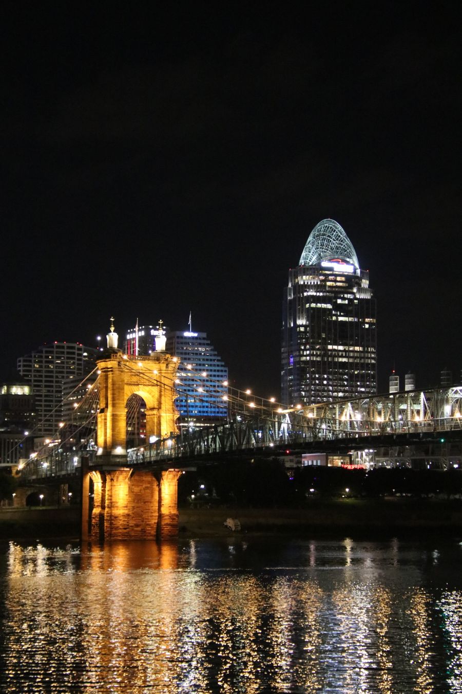 Cincinnati skyline and the Roebling Suspension Bridge over the Ohio River