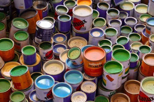 Free Vibrant collection of paint cans showcasing various colors in Barcelona, Spain. Stock Photo