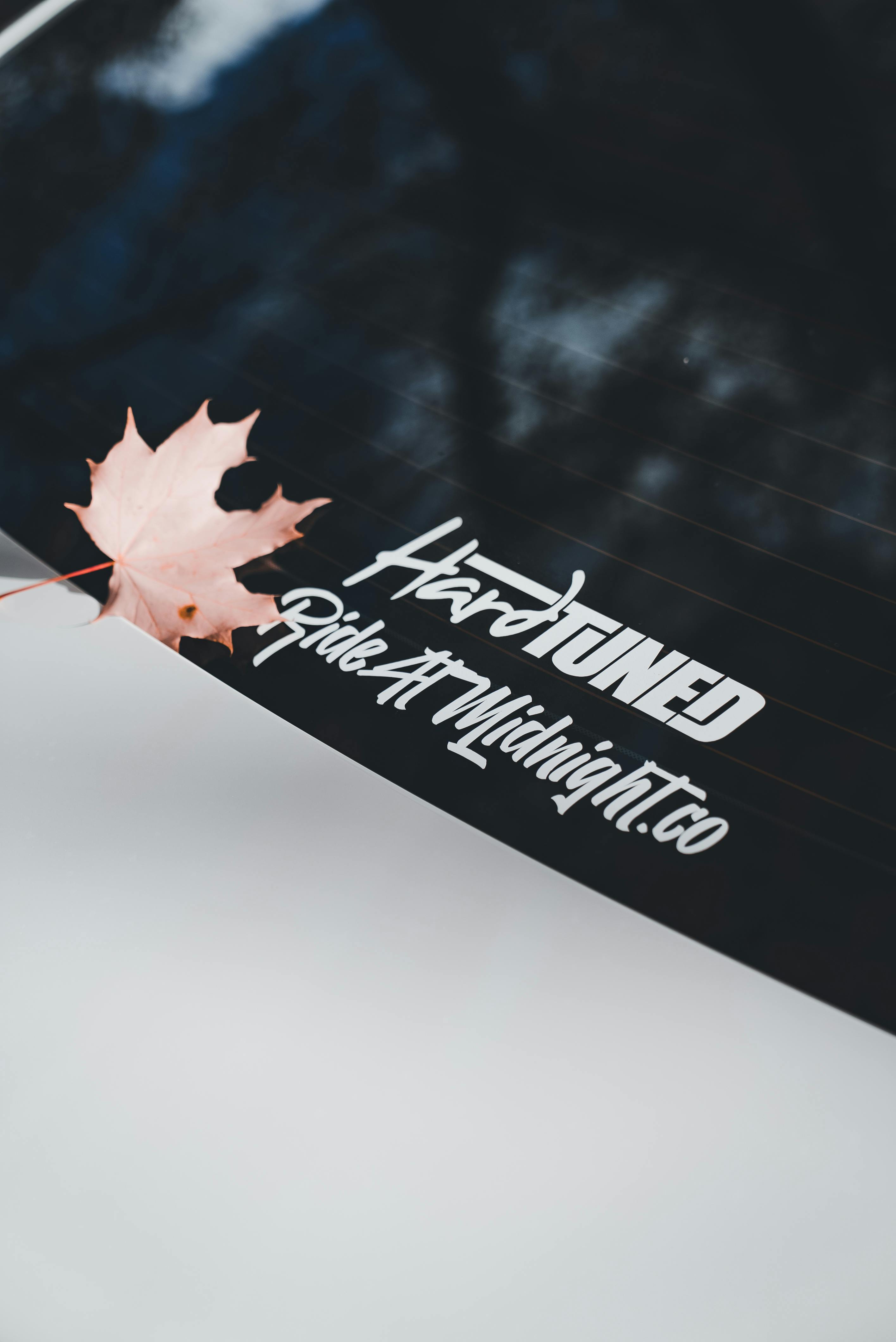 免費 一片秋葉停在一輛黑色反光車上，上面清晰可見 HardTuned 標誌。 圖庫相片