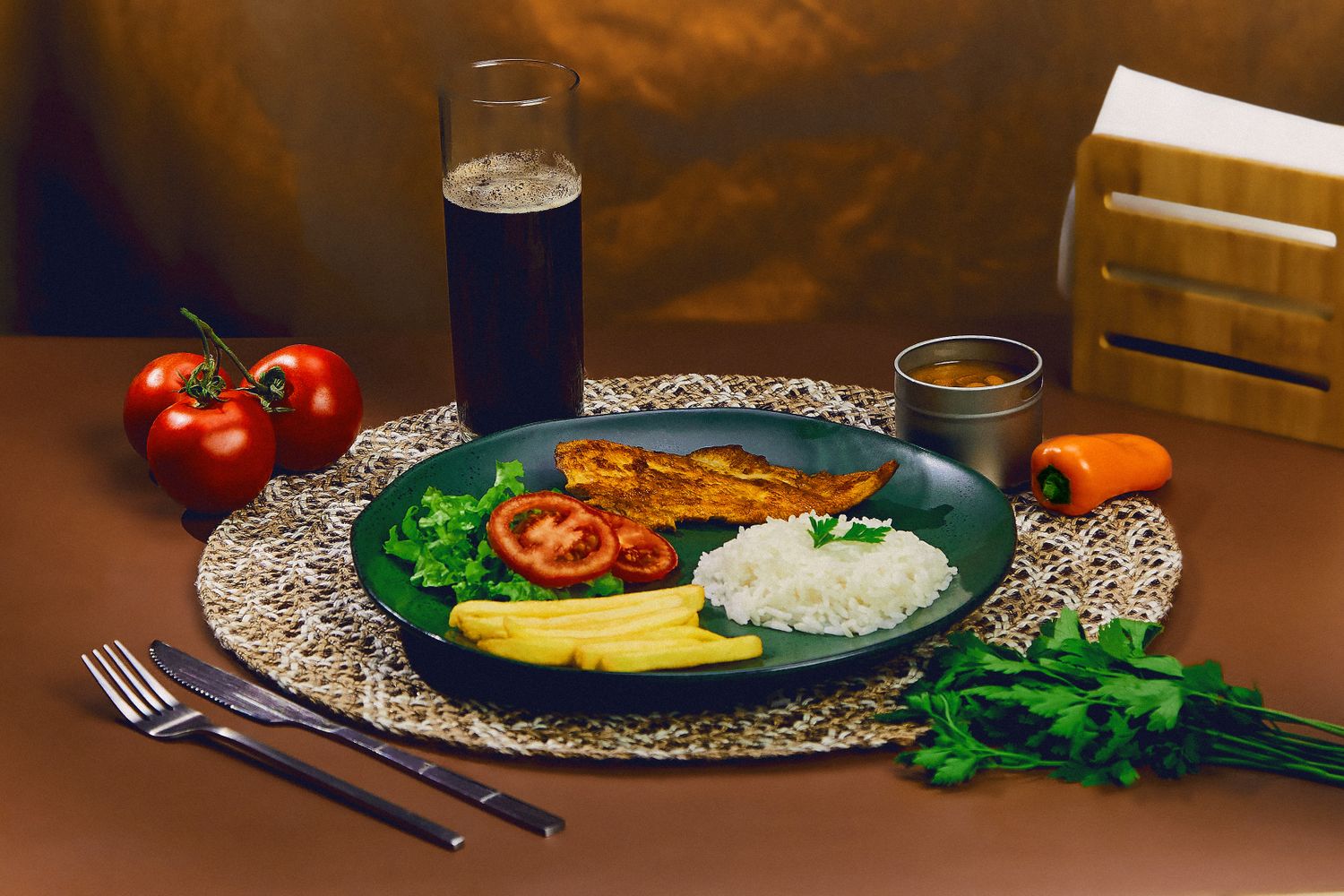 Prato feito with rice, beans, salad, and grilled fish
