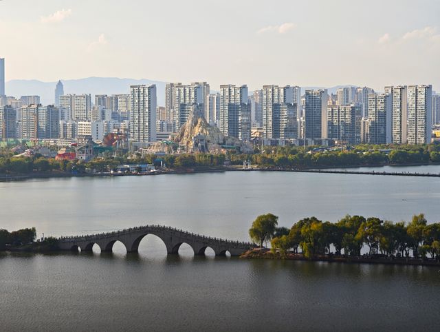 A beautiful urban skyline with a traditional bridge spanning across a lake.
