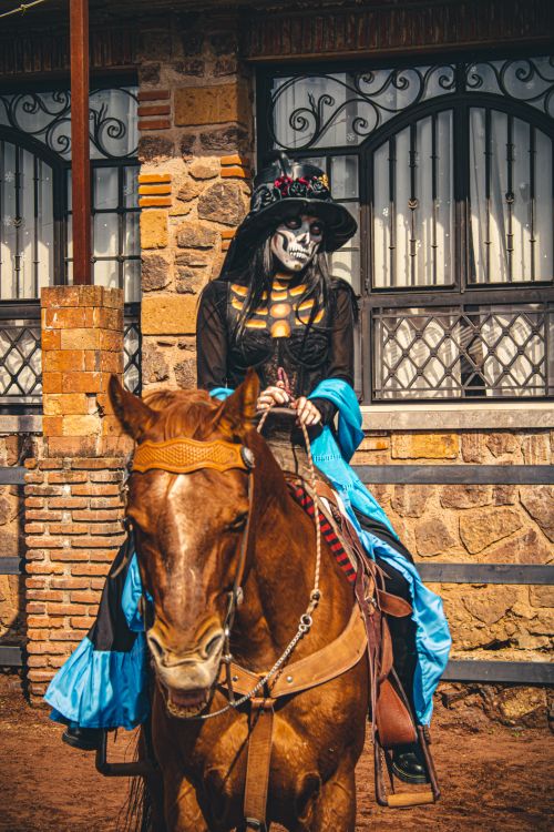 Free A Catrina in vibrant attire rides a horse in Mexico City for Día de Muertos. Stock Photo
