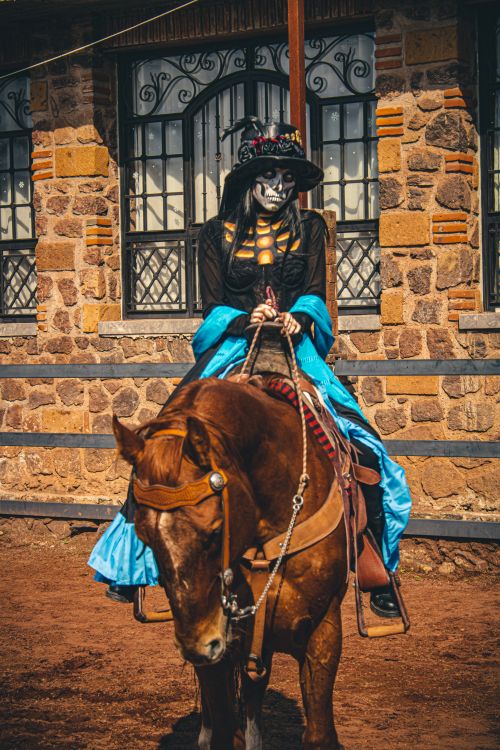 Free Catrina figure in traditional Day of the Dead attire on horseback, set outdoors in Mexico City. Stock Photo