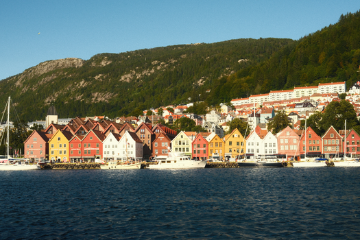 Vibrant Bryggen houses in Bergen under a clear sky by the water.