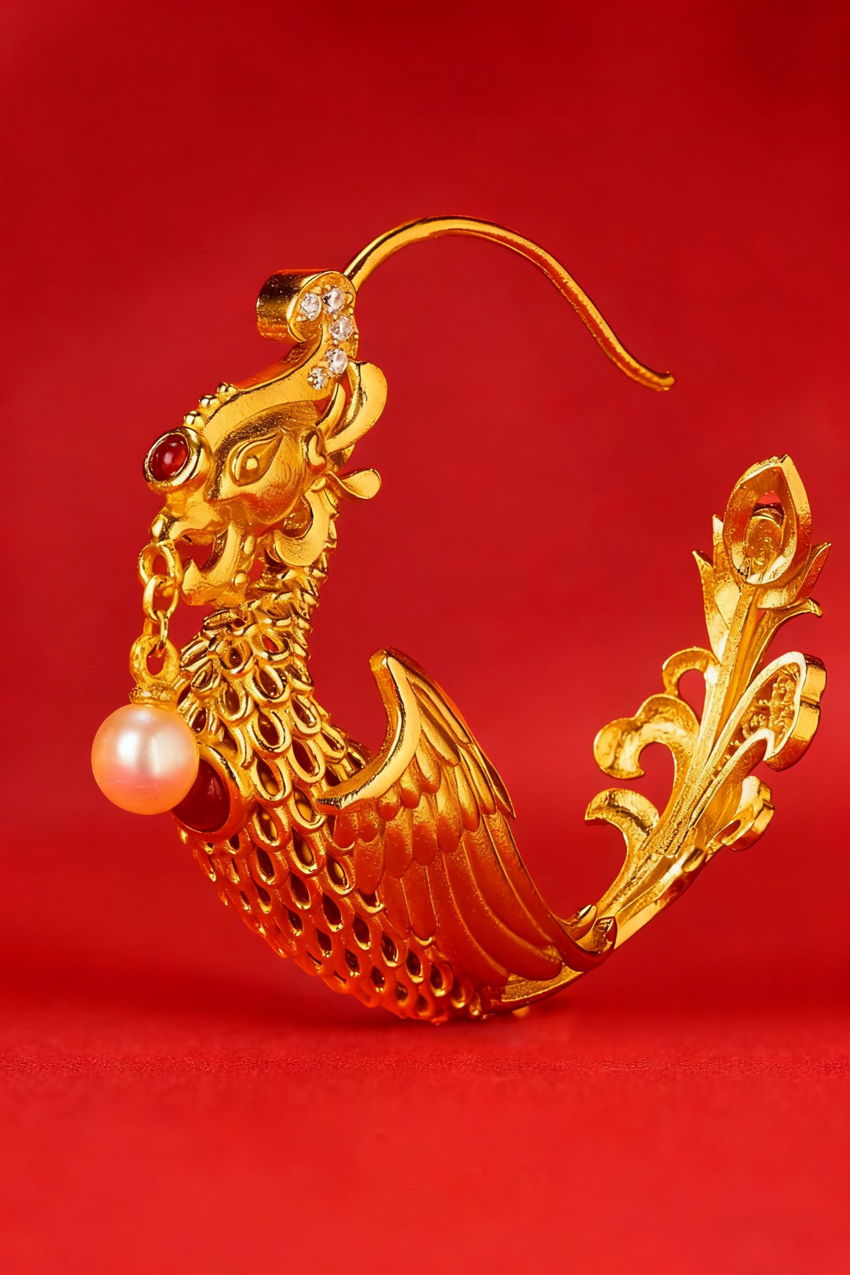 Stunning gold phoenix-shaped earring adorned with a pearl on a rich red background.