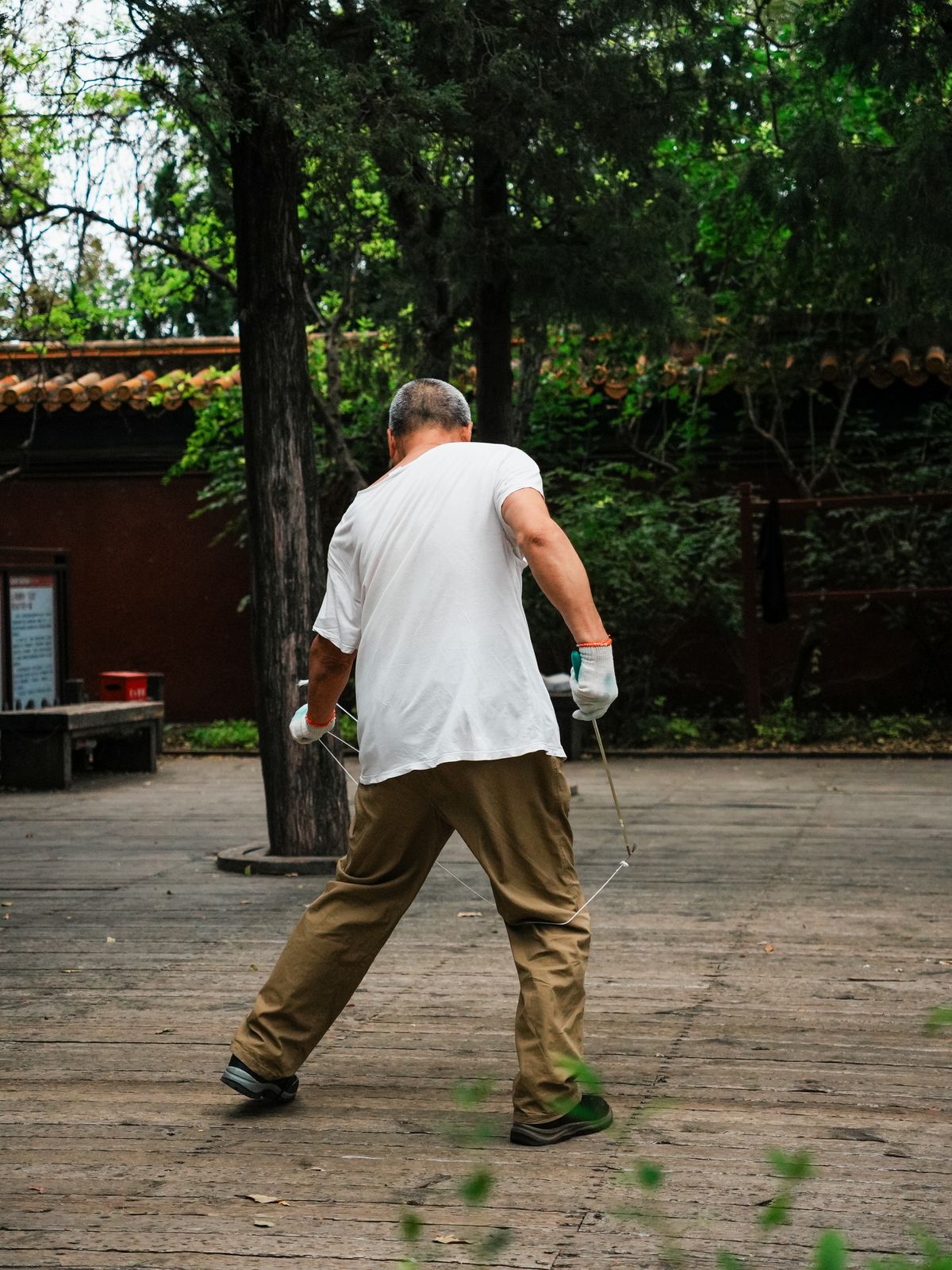 Instructor practicing tai chi outdoors in a Beijing park