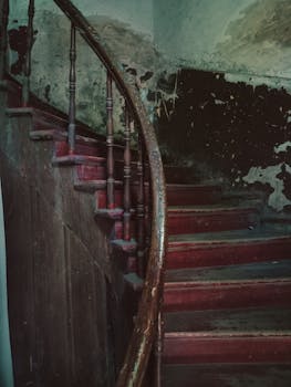 Aged wooden spiral staircase with peeling paint in a historic building.
