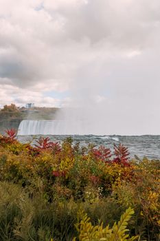 Captivating autumn scene of Niagara Falls with vibrant foliage and mist in the background.
