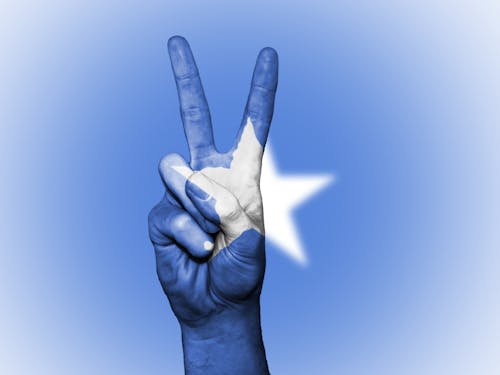 Blue and White Star Painted Hand in Peace-sign Gesture