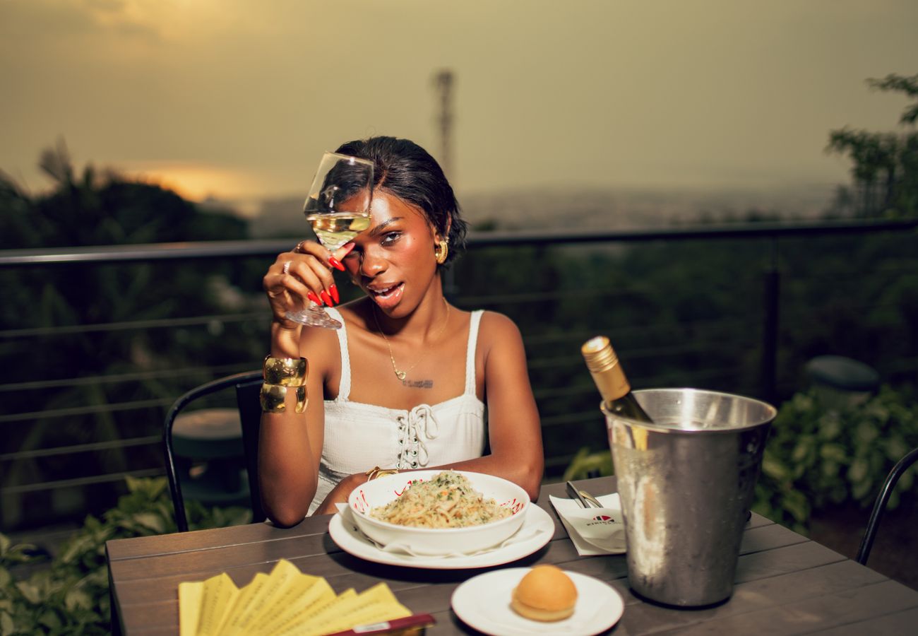 Elegant sunset dining with wine