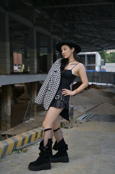 Fashionable woman in a chic outfit and hat posing confidently at a construction site.