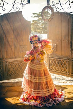Colorful Catrina costume with traditional makeup, set against a rustic wooden backdrop illustrating Mexican cultural heritage.