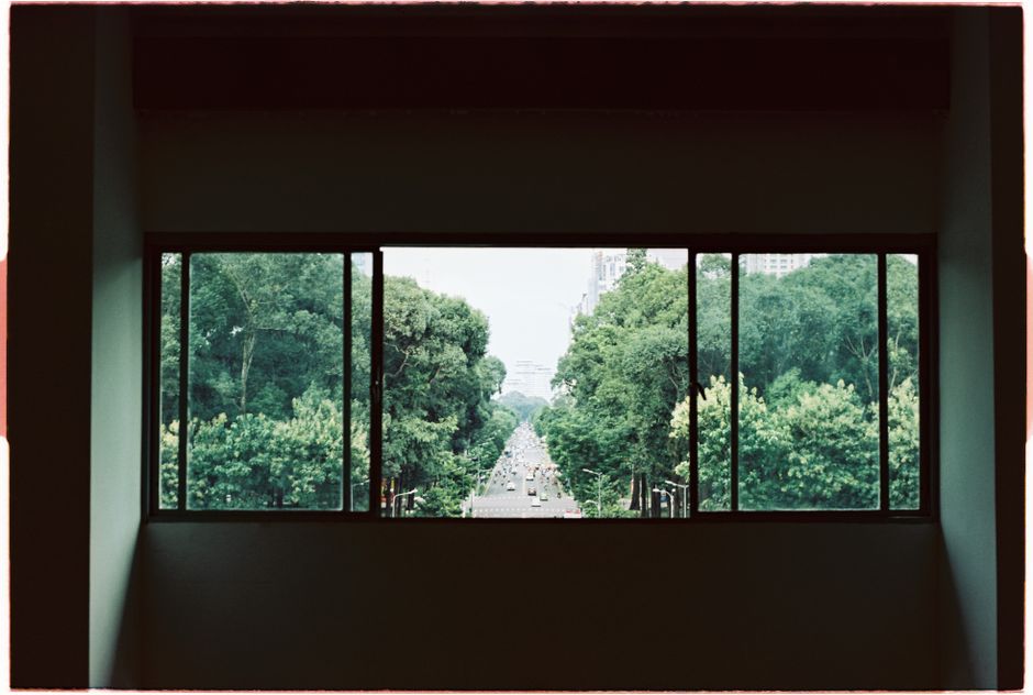 Scenic view of a bustling road framed by lush trees through a large window in Ho Chi Minh City, Vietnam.