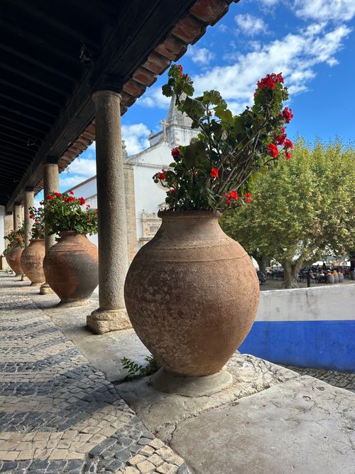 Free Charming terra cotta planters in a historic arcade in Óbidos, Portugal. Stock Photo