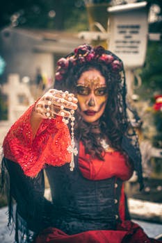 A Catrina in a cemetery holds a rosary, symbolizing Día de Muertos in Mexico City.