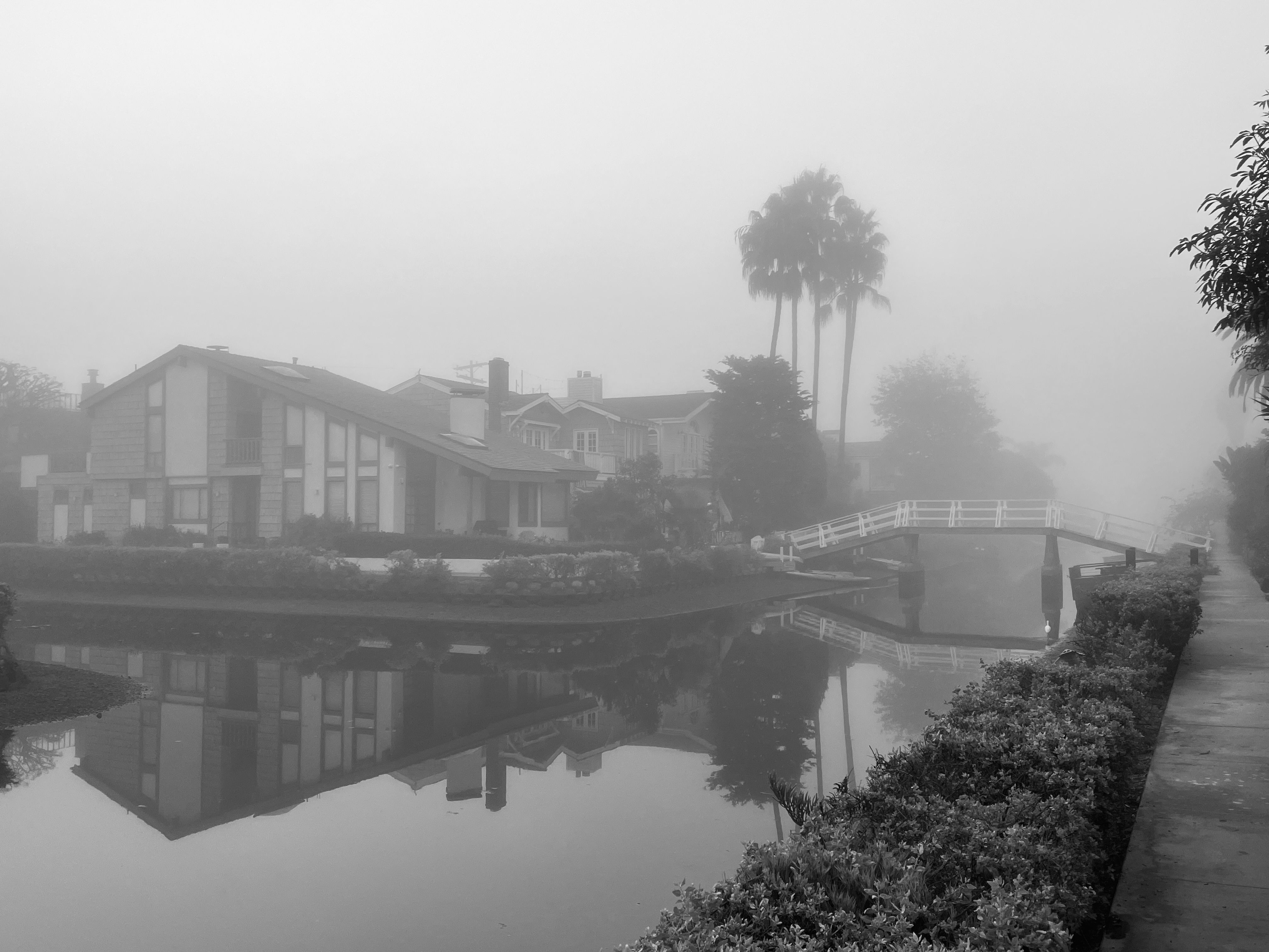 A tranquil foggy morning captures reflections of a bridge and houses in a canal.