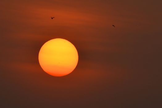 A captivating sunset with a vibrant orange sun setting over Mumbai's horizon, creating a dramatic sky.