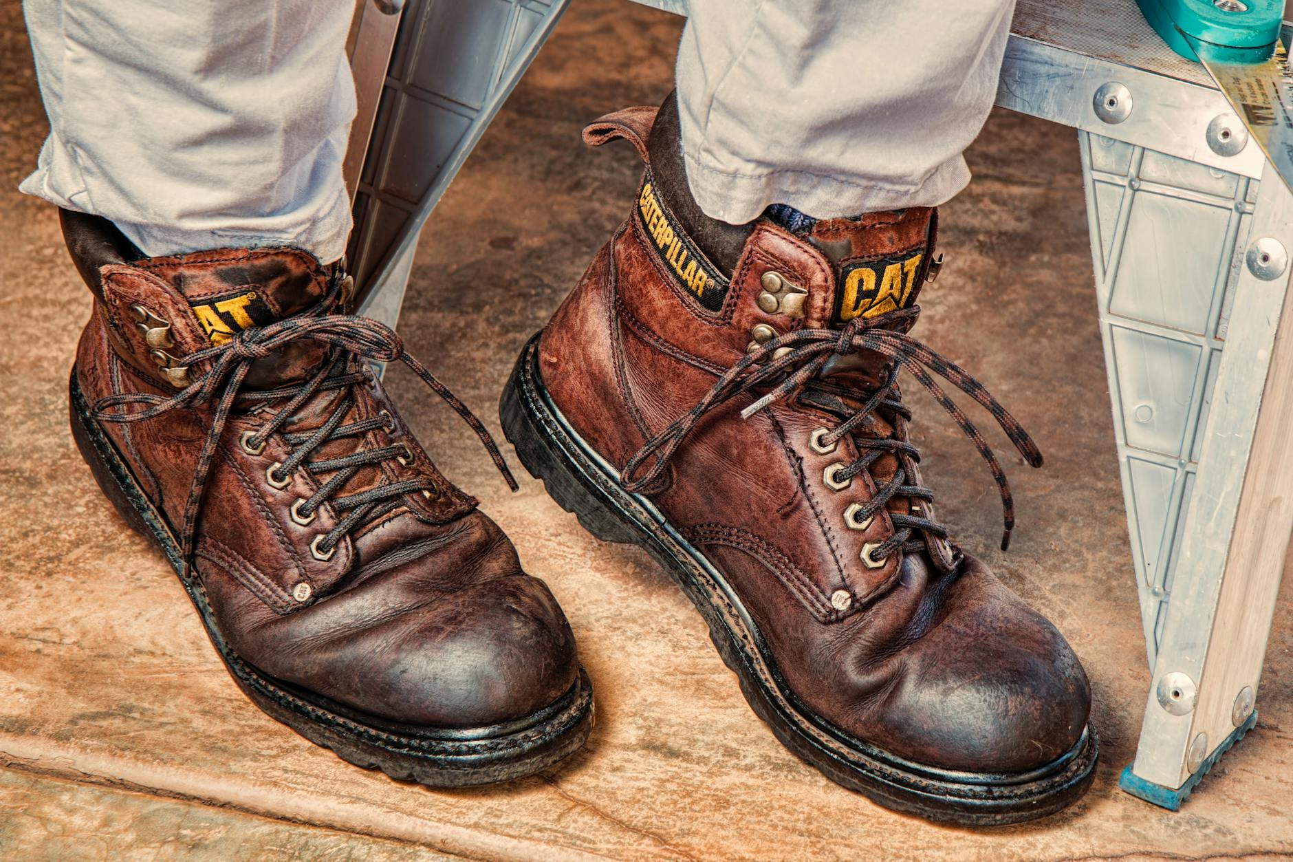 Brown leather caterpillar steel toe boots